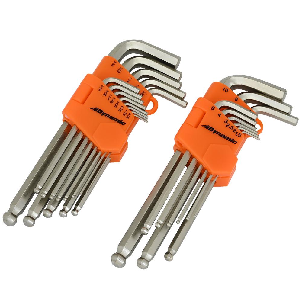 22 Piece SAE and Metric Ball End Long Hex Key Set, 3/64" - 3/8" and 1.5mm - 10mm