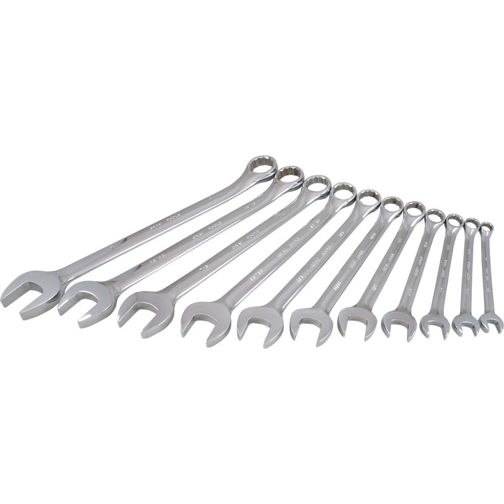 11 Piece 12 Point SAE, Mirror Chrome, Combination Wrench Set, 3/8" - 1"