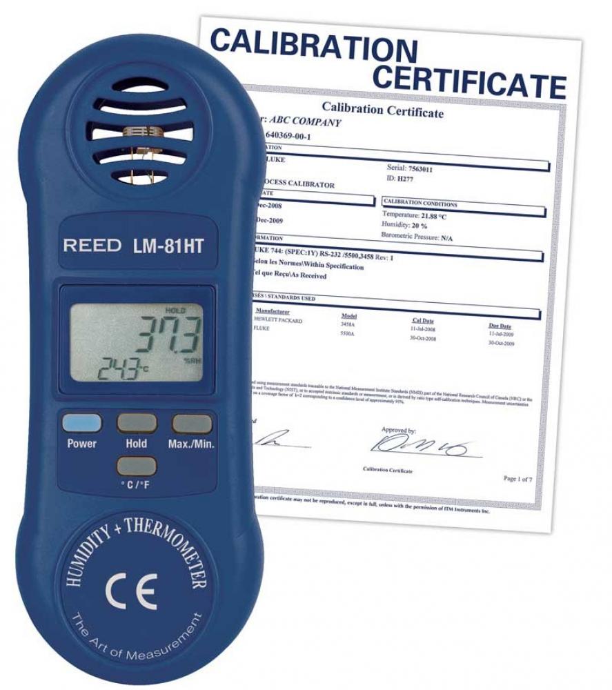 REED LM-81HT Thermo-Hygrometer, 32 to 122F (0 to 50C), 10-95% RH, includes NIST Traceable Certi