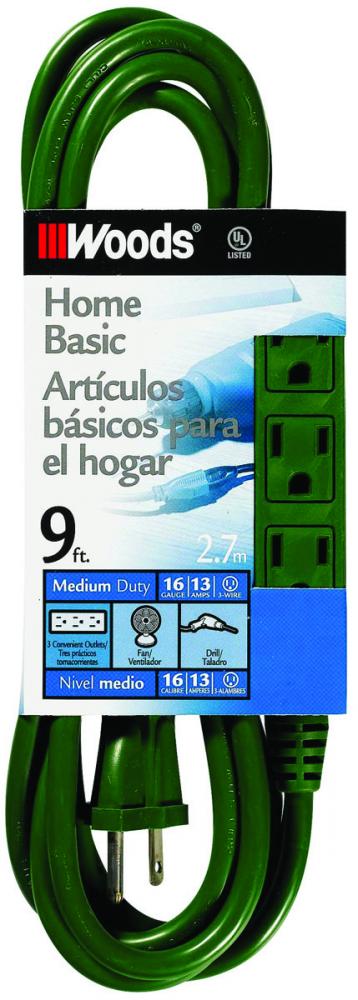 EXTCORD- 16/3 SJTW 9' GREEN 3OUTLET YM